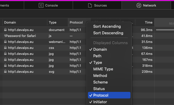 Screen shot showing where to enable the protocol column in developer tools